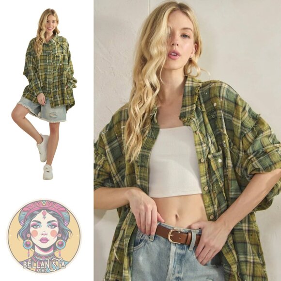 J897 OLI & HALI Green Combo Cotton Plaid Long Sleeve Shirt - Picture 2 of 3